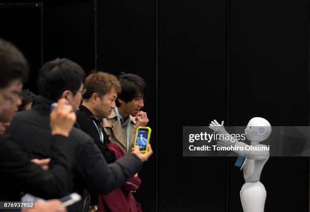 Pepper humanoid robot is demonstrated during the SoftBank Robot World 2017 on November 21, 2017 in Tokyo, Japan. SoftBank showcases robots developed...