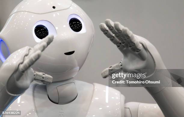 Pepper humanoid robot is demonstrated during the SoftBank Robot World 2017 on November 21, 2017 in Tokyo, Japan. SoftBank showcases robots developed...