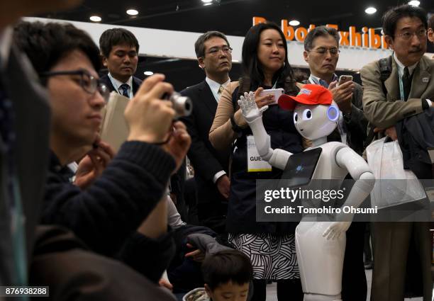 Pepper humanoid robot is demonstrated during the SoftBank Robot World 2017 on November 21, 2017 in Tokyo, Japan. SoftBank showcases robots developed...