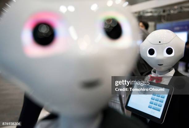 Pepper humanoid robots are demonstrated during the SoftBank Robot World 2017 on November 21, 2017 in Tokyo, Japan. SoftBank showcases robots...