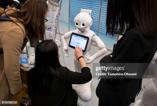 Pepper humanoid robot is demonstrated during the SoftBank Robot World 2017 on November 21, 2017 in Tokyo, Japan. SoftBank showcases robots developed...