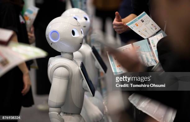 Pepper humanoid robots are demonstrated during the SoftBank Robot World 2017 on November 21, 2017 in Tokyo, Japan. SoftBank showcases robots...