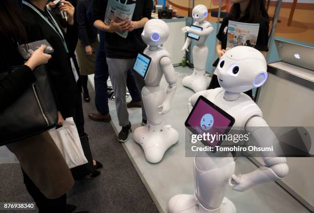 Pepper humanoid robots are demonstrated during the SoftBank Robot World 2017 on November 21, 2017 in Tokyo, Japan. SoftBank showcases robots...