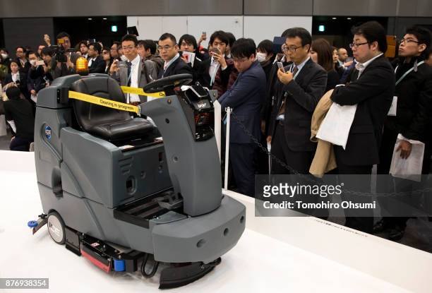 Brain Corp.'s autonomous cleaning robot is demonstrated during the SoftBank Robot World 2017 on November 21, 2017 in Tokyo, Japan. SoftBank showcases...