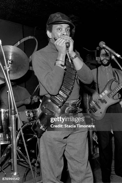 Blues musician Sugar Blue performs onstage at Rosa's Lounge in Chicago, Illinois, United States on February 19, 1992.