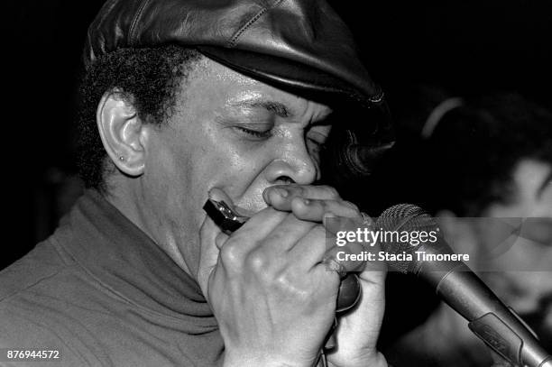 Blues musician Sugar Blue performs onstage at Rosa's Lounge in Chicago, Illinois, United States on February 19, 1992.