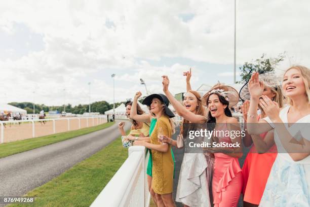 rennpferde am ladies day - pferderennen stock-fotos und bilder