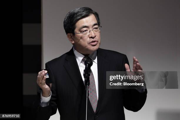 Yasuyuki Imai, chief operating officer of SoftBank Corp., speaks at the SoftBank Robot World 2017 in Tokyo, Japan, on Tuesday, Nov. 21, 2017....