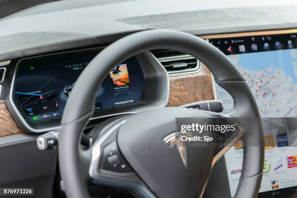 tesla model s all-electric luxury saloon car dashboard - tesla model s stock pictures, royalty-free photos & images