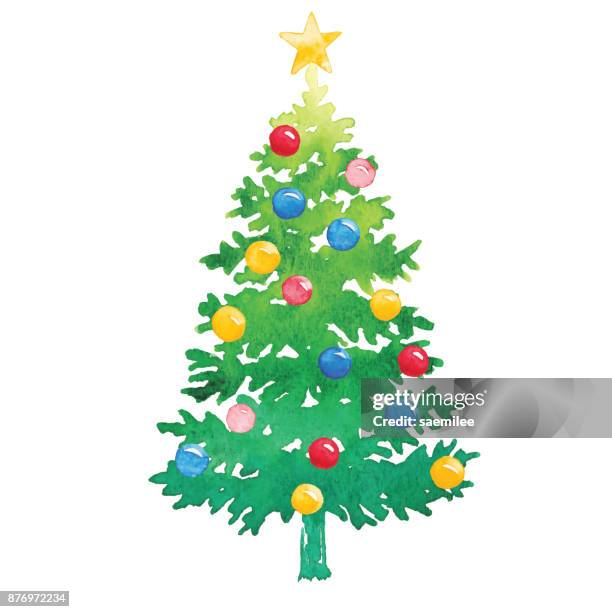 aquarell weihnachtsbaum mit ornamenten - weihnachten symbolbilder stock-grafiken, -clipart, -cartoons und -symbole
