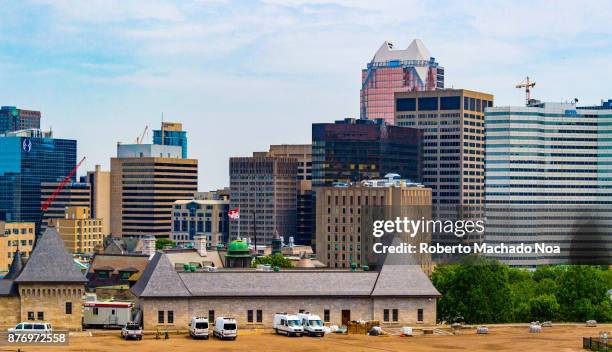 Urban skyline from an unusual vantage point. The mixture of old and new architecture can be noticed.