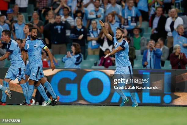 Milos Ninkovic of Sydney celebrates scoring a goal during the FFA Cup Final match between Sydney FC and Adelaide United at Allianz Stadium on...