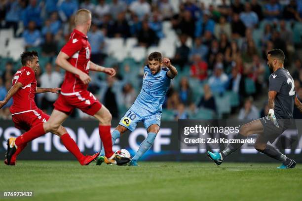 Milos Ninkovic of Sydney scores a goal during the FFA Cup Final match between Sydney FC and Adelaide United at Allianz Stadium on November 21, 2017...