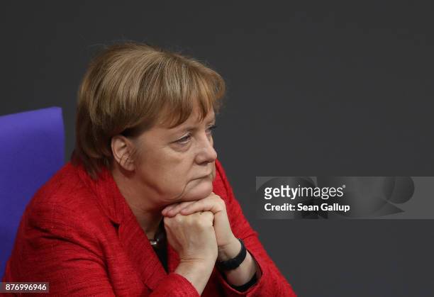 German Chancellor and leader of the German Christian Democrats Angela Merkel attends the first Bundestag session since the collapse of government...
