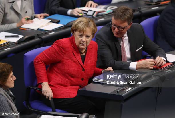German Chancellor and leader of the German Christian Democrats Angela Merkel attends the first Bundestag session since the collapse of government...
