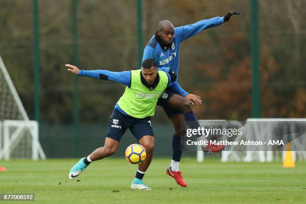 Salomon Rondon of West Bromwich Albion and Allan Nyom of West Bromwich Albion during a training session on November 21, 2017 in West Bromwich,...