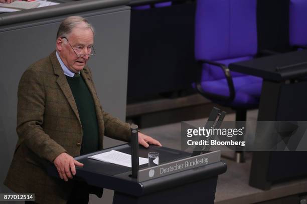 Alexander Gauland, deputy leader of Alternative for Germany , speaks inside the lower-house of the German Parliament in Berlin, Germany, on Tuesday,...