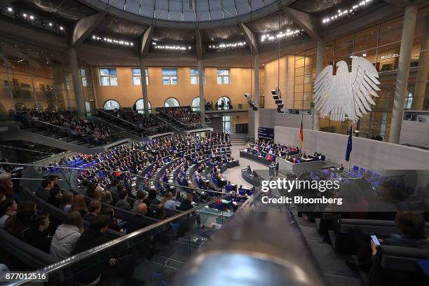 Politicians sit during a session inside the lower-house of the German Parliament in Berlin, Germany, on Tuesday, Nov. 21, 2017. German...