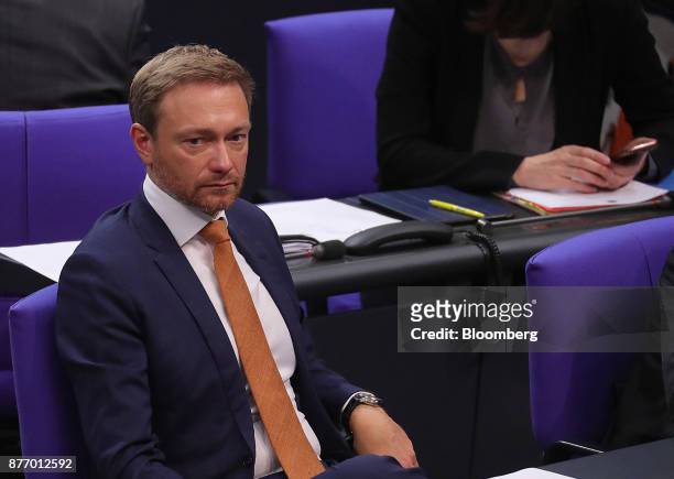 Christian Lindner, leader of the Free Democratic Party , looks on inside the lower-house of the German Parliament in Berlin, Germany, on Tuesday,...