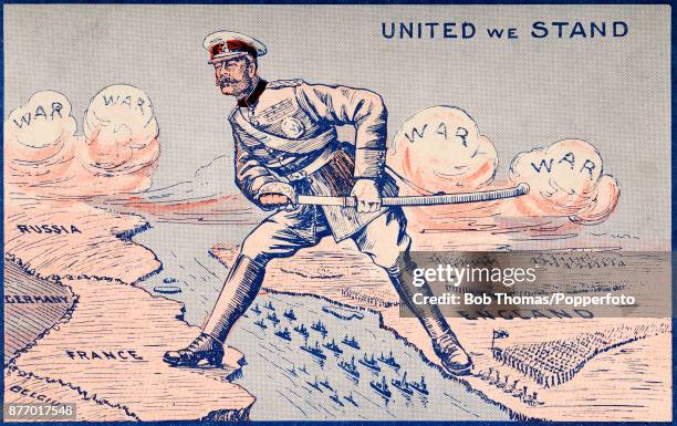 Patriotic illustration featuring The Earl Kitchener bestriding the English Channel with feet in both England and France whilst unsheathing a sabre...