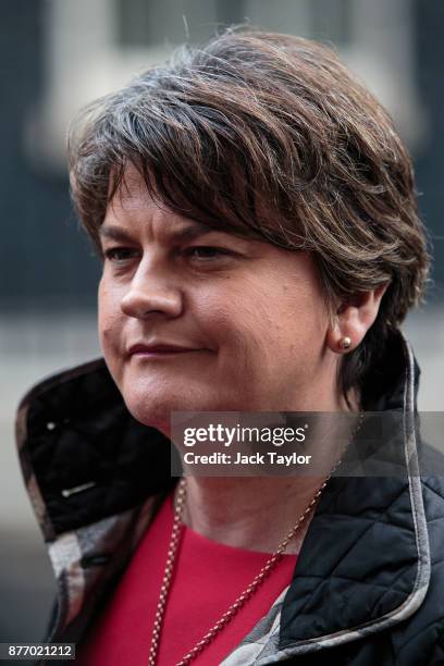 Democratic Unionist Party Leader Arlene Foster addresses the media in Downing Street on November 21, 2017 in London, England. Sinn Fein and DUP...