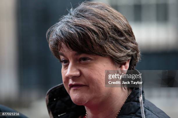 Democratic Unionist Party Leader Arlene Foster addresses the media in Downing Street on November 21, 2017 in London, England. Sinn Fein and DUP...