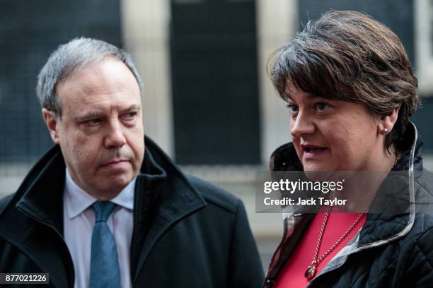 Democratic Unionist Party Leader Arlene Foster and Deputy Leader Nigel Dodds address the media in Downing Street on November 21, 2017 in London,...