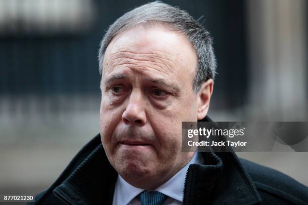 Democratic Unionist Party Deputy Leader Nigel Dodds addresses the media in Downing Street on November 21, 2017 in London, England. Sinn Fein and DUP...