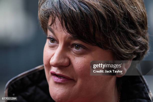 Democratic Unionist Party Leader Arlene Foster addresses the media in Downing Street on November 21, 2017 in London, England. Sinn Fein and DUP...