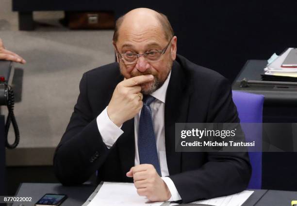 Martin Schulz, leader of the Social Democrats Party or , pauses during the first session of the Bundestag, the German parliament, since the collapse...