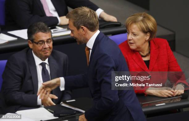 Christian Lindner, Chairman of the FDP Party greets Foreign Minister Sigmar Gabriel and German Chancellor and leader of the German Christian...