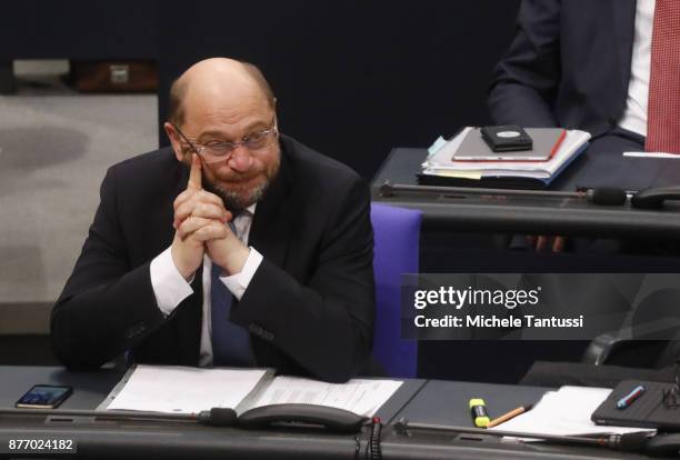 Martin Schulz, leader of the Social Democrats Party or , pauses during the first session of the Bundestag, the German parliament, since the collapse...