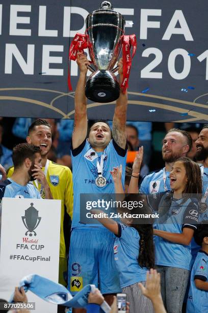 Bobo of Sydney FC celebrates with team mates after Sydney defeated Adelaide 2-1 during the FFA Cup Final match between Sydney FC and Adelaide United...