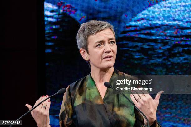 Margrethe Vestager, competition commissioner of the European Commission, gestures while speaking during the Rendez-vous de Bercy economic debate at...