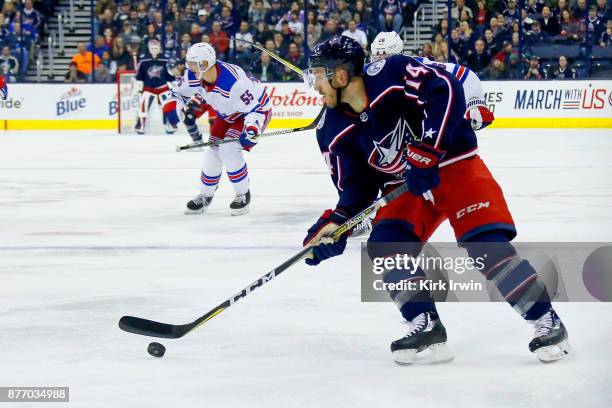 Jordan Schroeder of the Columbus Blue Jackets controls the puck during the game against the New York Rangers on November 17, 2017 at Nationwide Arena...