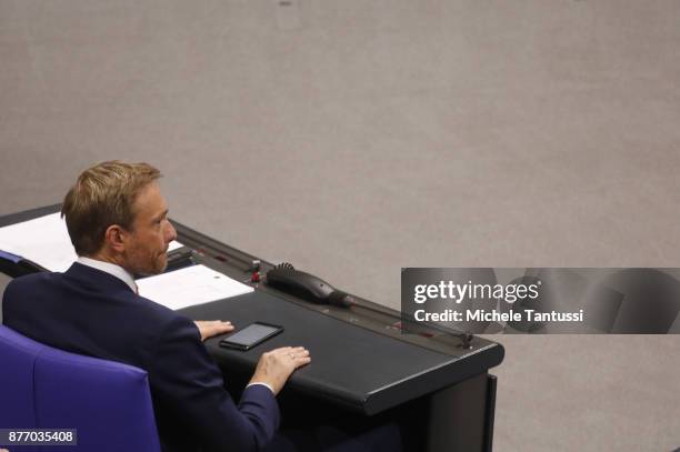 Christian Lindner, leader of the Free democrats party, or FDP listens during the first session of the Bundestag, the German parliament, since the...