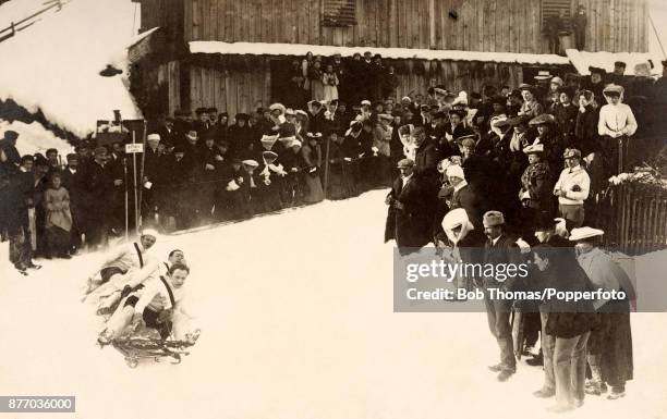 Bobsleigh team in action at Klosters in Switzerland, circa 1900.