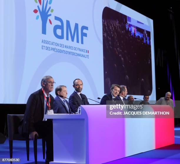 Mayor of Issoudun and First Executive Vice-President of the Association of French Mayors Andre Laignel , French Prime Minister Edouard Philippe and...