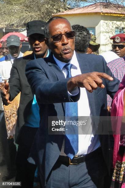 Picture taken on November 13 shows Muse Bihi Abdi, presidential candidate for the ruling Kulmiye Party, speaking to media after casting his vote for...