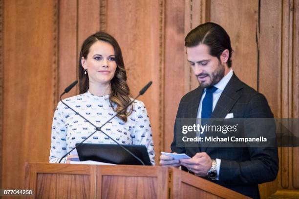 Princess Sofia of Sweden and Prince Carl Phillip of Sweden attend a symposium on "Dyslexialand" at the Royal Palace on November 21, 2017 in...