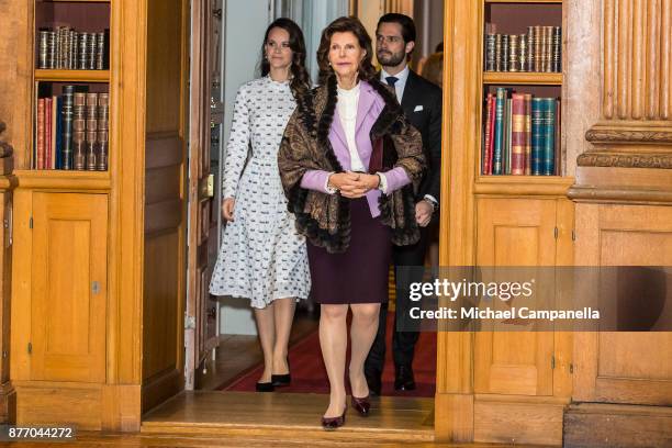 Queen Silvia of Sweden, Princess Sofia of Sweden, and Prince Carl Phillip of Sweden attend a symposium on "Dyslexialand" at the Royal Palace on...