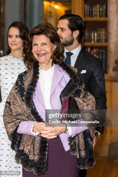 Queen Silvia of Sweden attends a symposium on "Dyslexialand" at the Royal Palace on November 21, 2017 in Stockholm, Sweden.