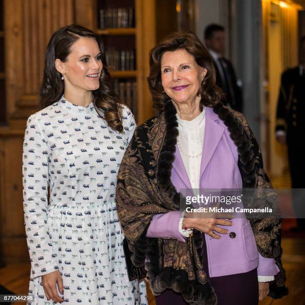 Queen Silvia of Sweden and Princess Sofia of Sweden attend a symposium on "Dyslexialand" at the Royal Palace on November 21, 2017 in Stockholm,...