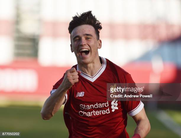 Liam Millar of Liverpool U19 celebrates after scoring the opening goal during the UEFA Champions League group E match between Sevilla FC U19 and...