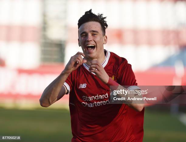Liam Millar of Liverpool U19 celebrates after scoring the opening goal during the UEFA Champions League group E match between Sevilla FC U19 and...