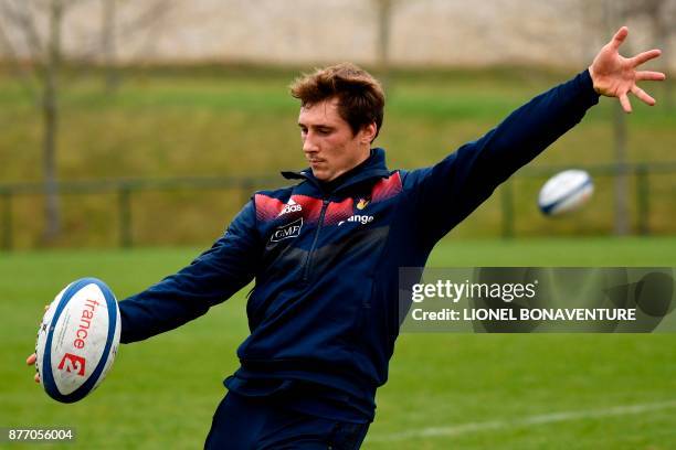 France's national rugby union team player French scrum-half Baptiste Serin attends a training session on November 21 in Marcoussis, south of Paris,...