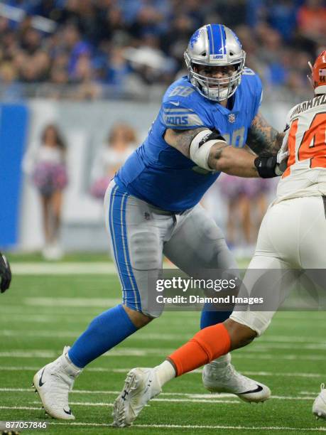 Left tackle Taylor Decker of the Detroit Lions engages defensive lineman Nate Orchard of the Cleveland Browns in the first quarter of a game on...