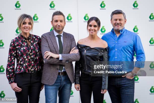 Anna Simon, Frank Blanco, Cristina Pedroche and Miki Nadal attend the 'Zapeando' 1000 programmes press conference at 'Atresmedia' studios on November...