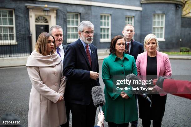 Sinn Fein President Gerry Adams , Leader of Sinn Fein in Northern Ireland Michelle O'Neill and other representatives from the party address the media...