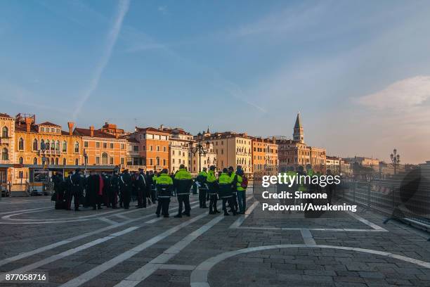 Police gather in front of Madonna della Salute church on the day of the traditional Festa della Salute on November 21, 2017 in Venice, Italy. The...